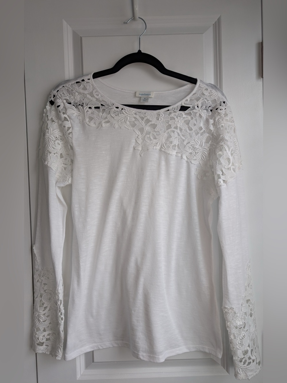 Sundance Lovelier Days Cotton Blend Lace Pullover Long Sleeved Top White Medium
